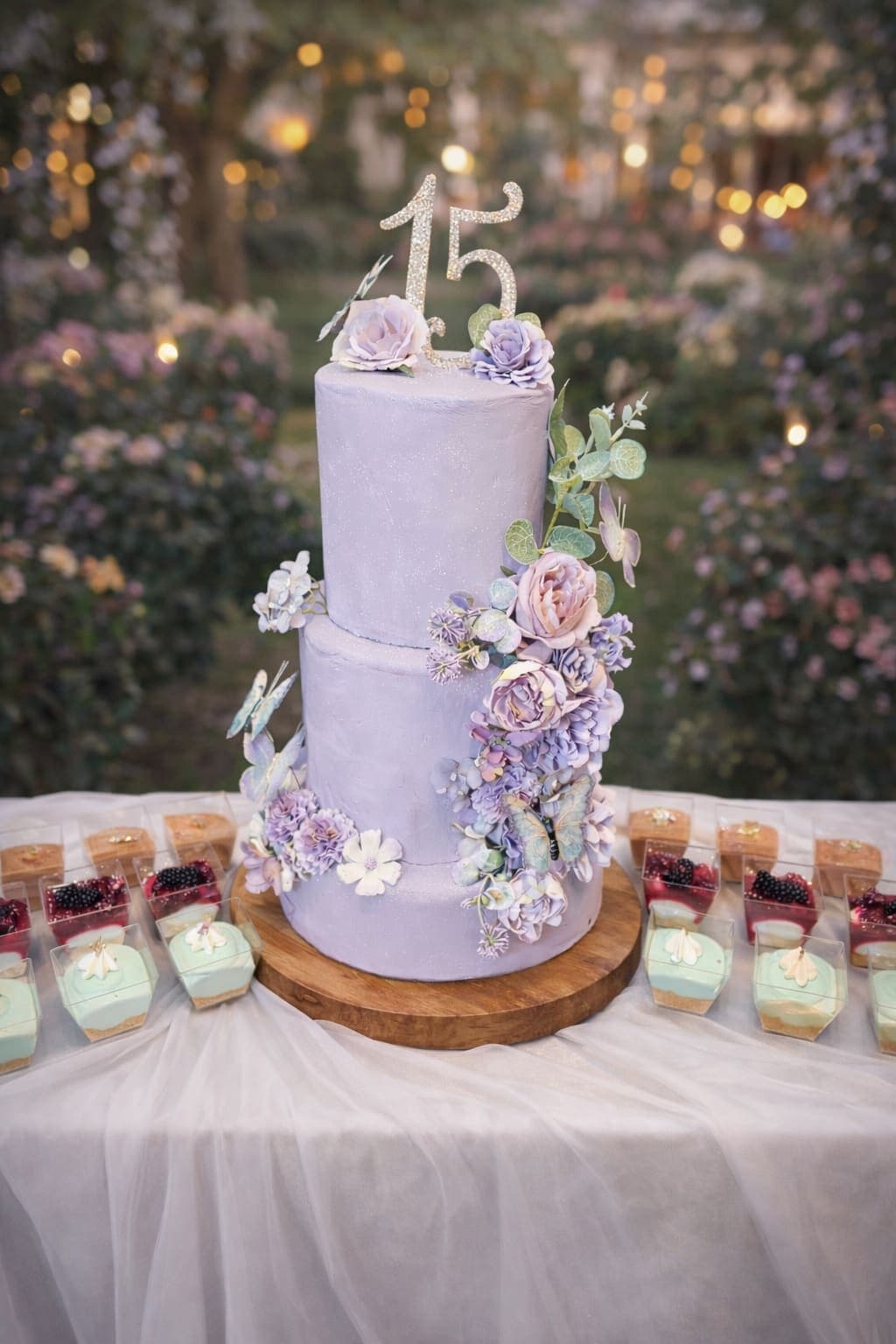Two tier lavender celebration cake with sugar flowers, butterflies and a 15 topper, with dessert cups alongside