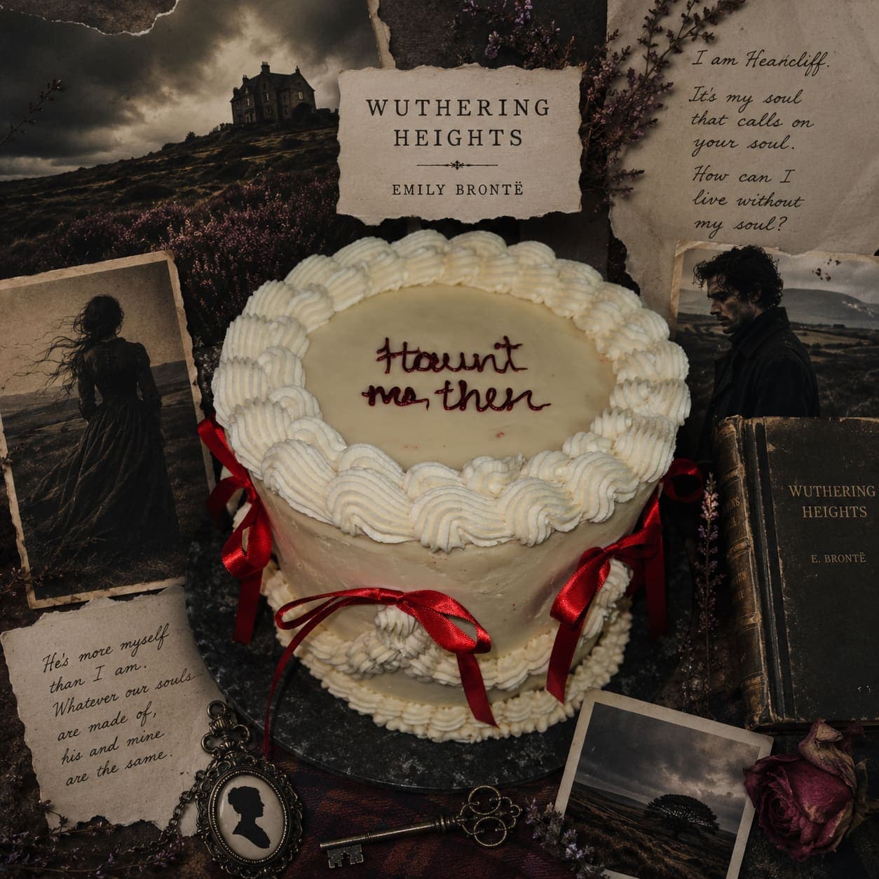Small celebration cake with piped buttercream borders, red ribbon bows and a piped message, styled with a book theme